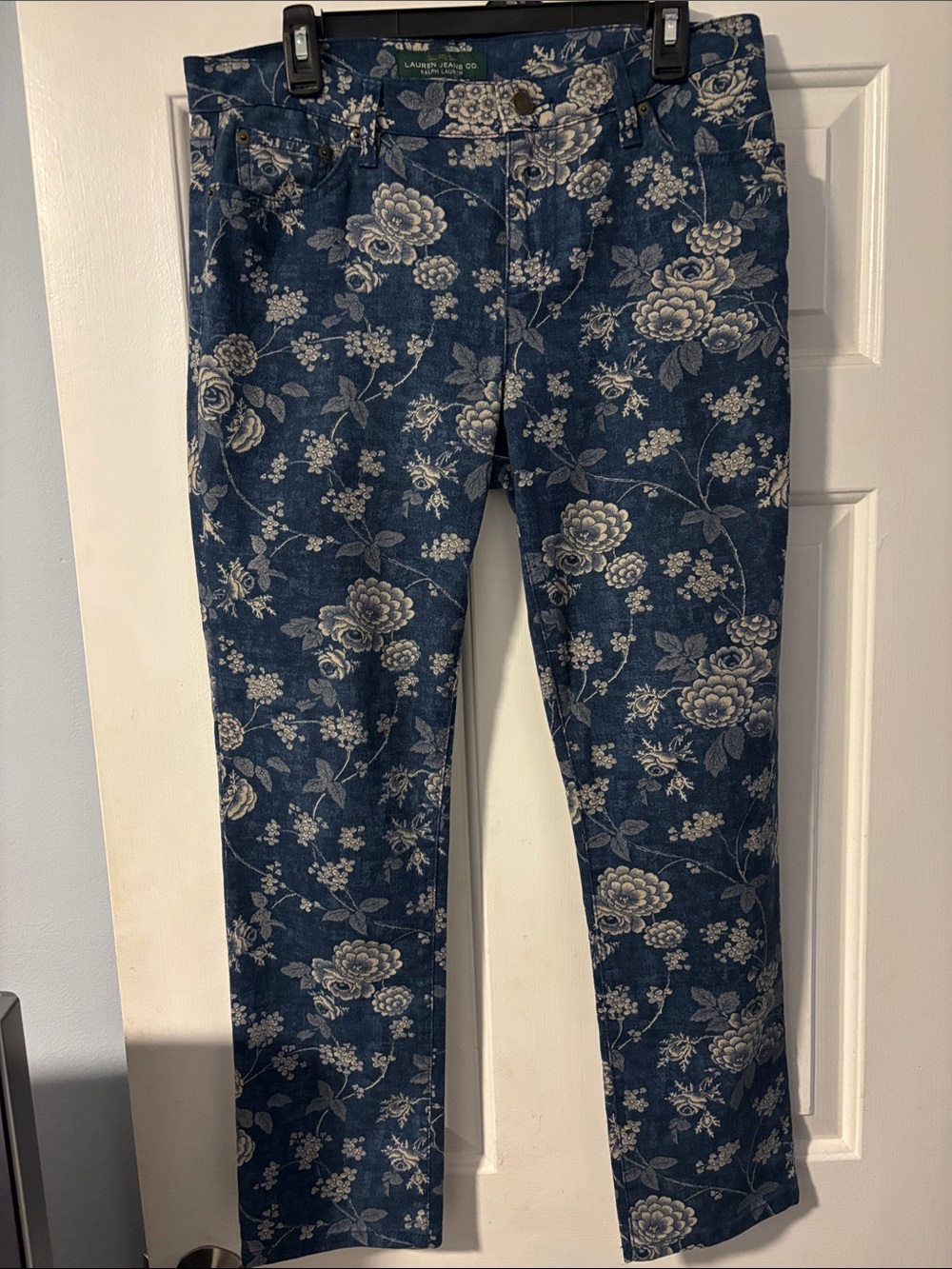 Vintage Ralph Lauren Women’s Denim Jeans with Cream Floral Print Size 10